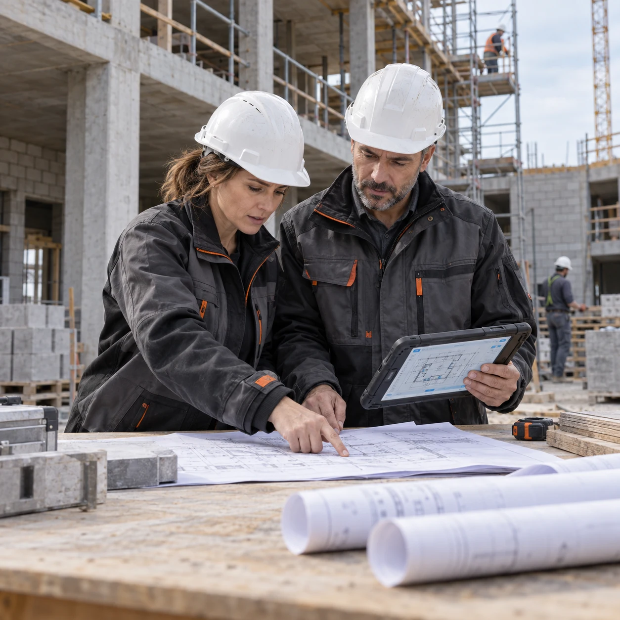 Illustration de deux professionnels du bâtiment travaillant ensemble sur un plan et une tablette au chantier