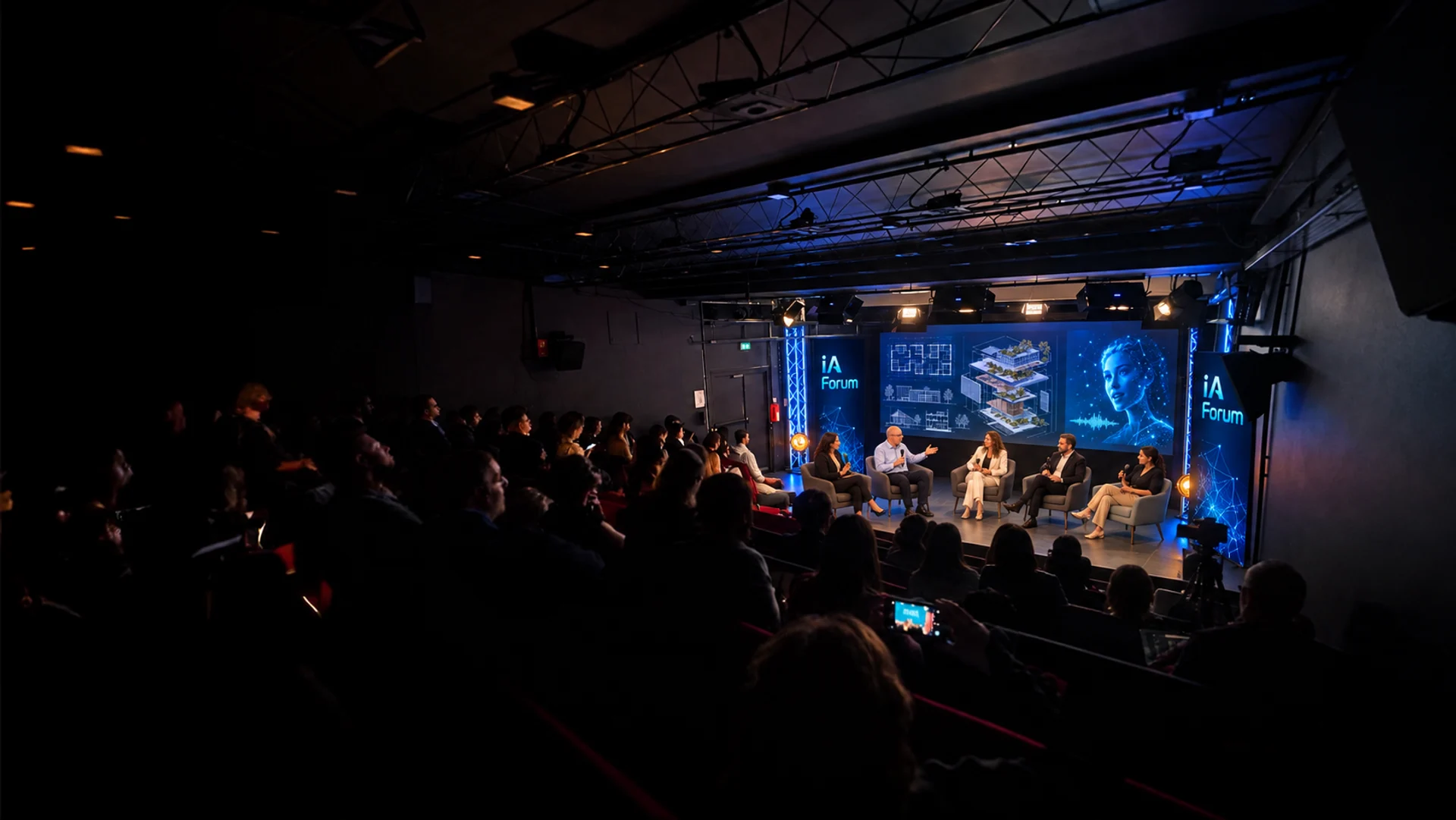 Mise en scène d’iA Forum au Théâtre de l’IA, avec échanges et projections sur le bâtiment